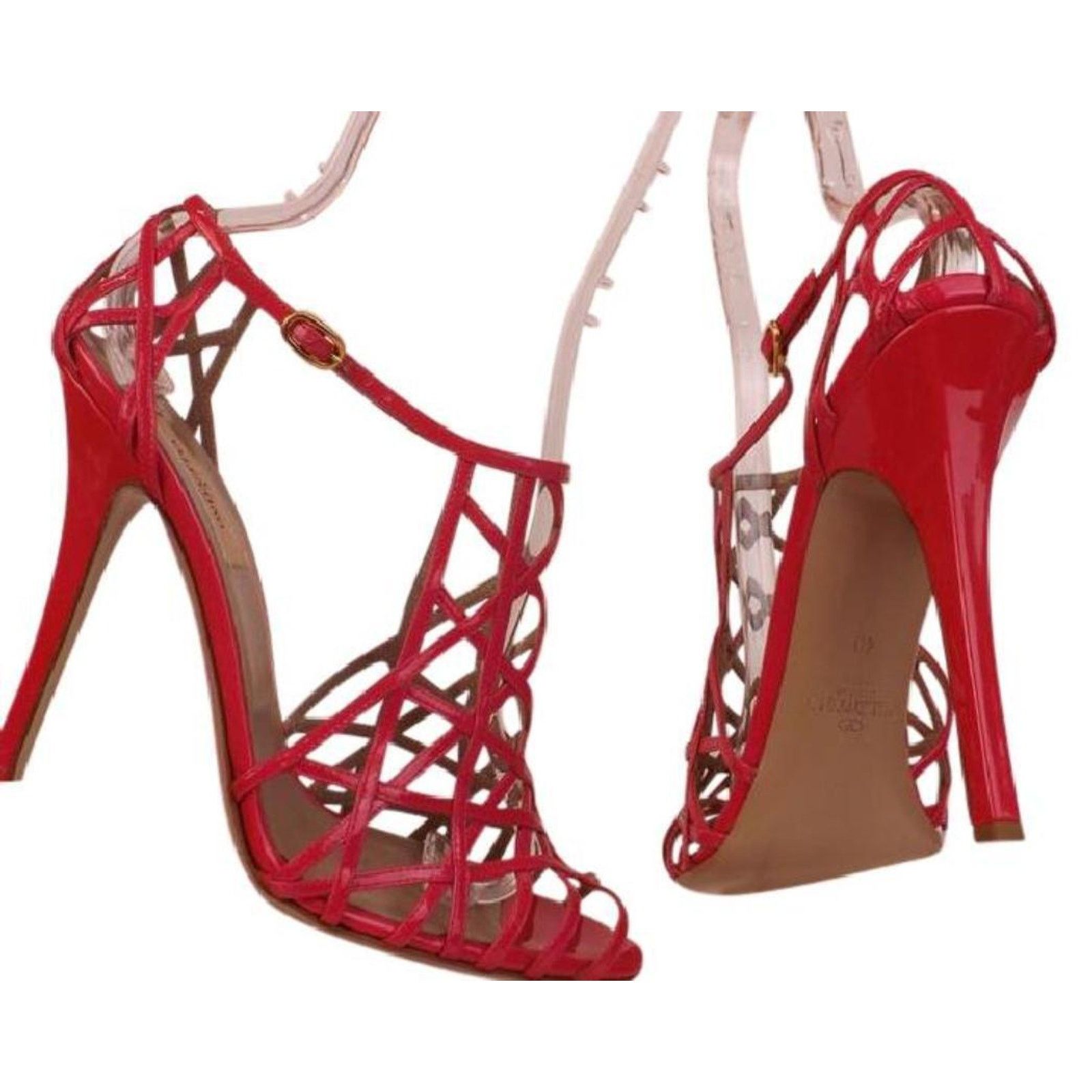 PINK PATENT LEATHER CRISSCROSS CAGE SANDALS PUMPS 36.5