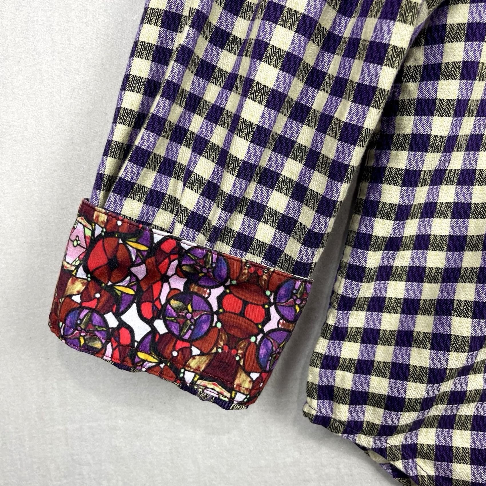 Robert Graham Robert Graham Shirt Mens Large Purple Check Button-Up Fold Flip Cuff Stained Glass Contrast Trim Button Size US L / EU 52-54 / 3 - 5 Thumbnail
