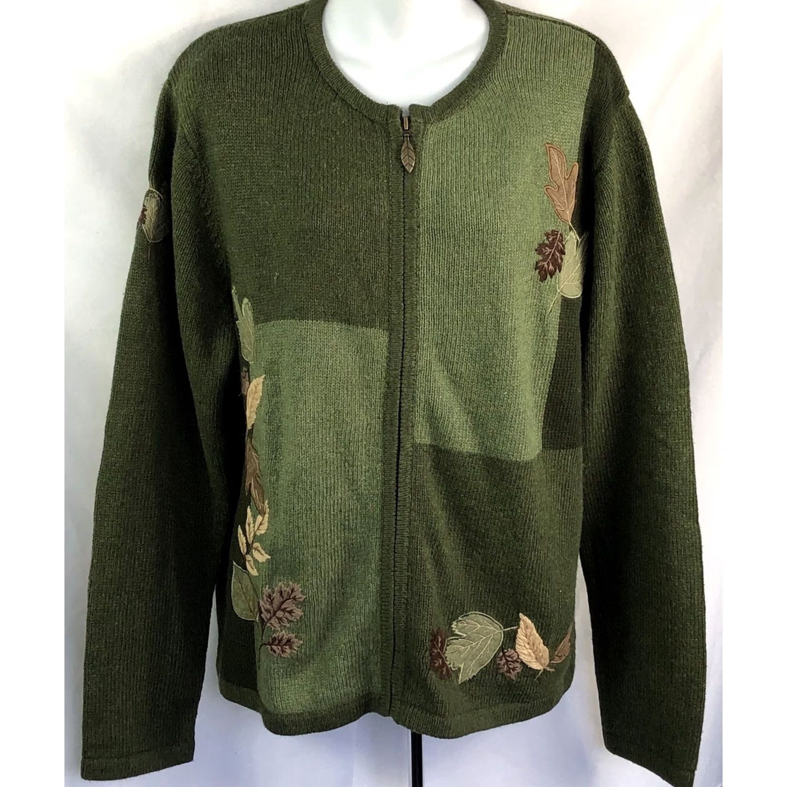 Croft & Barrow Croft Barrow Sweater L Green Cardigan zip up applique Leaves cottage fall NWT Size L / US 10 / IT 46 - 6 Thumbnail