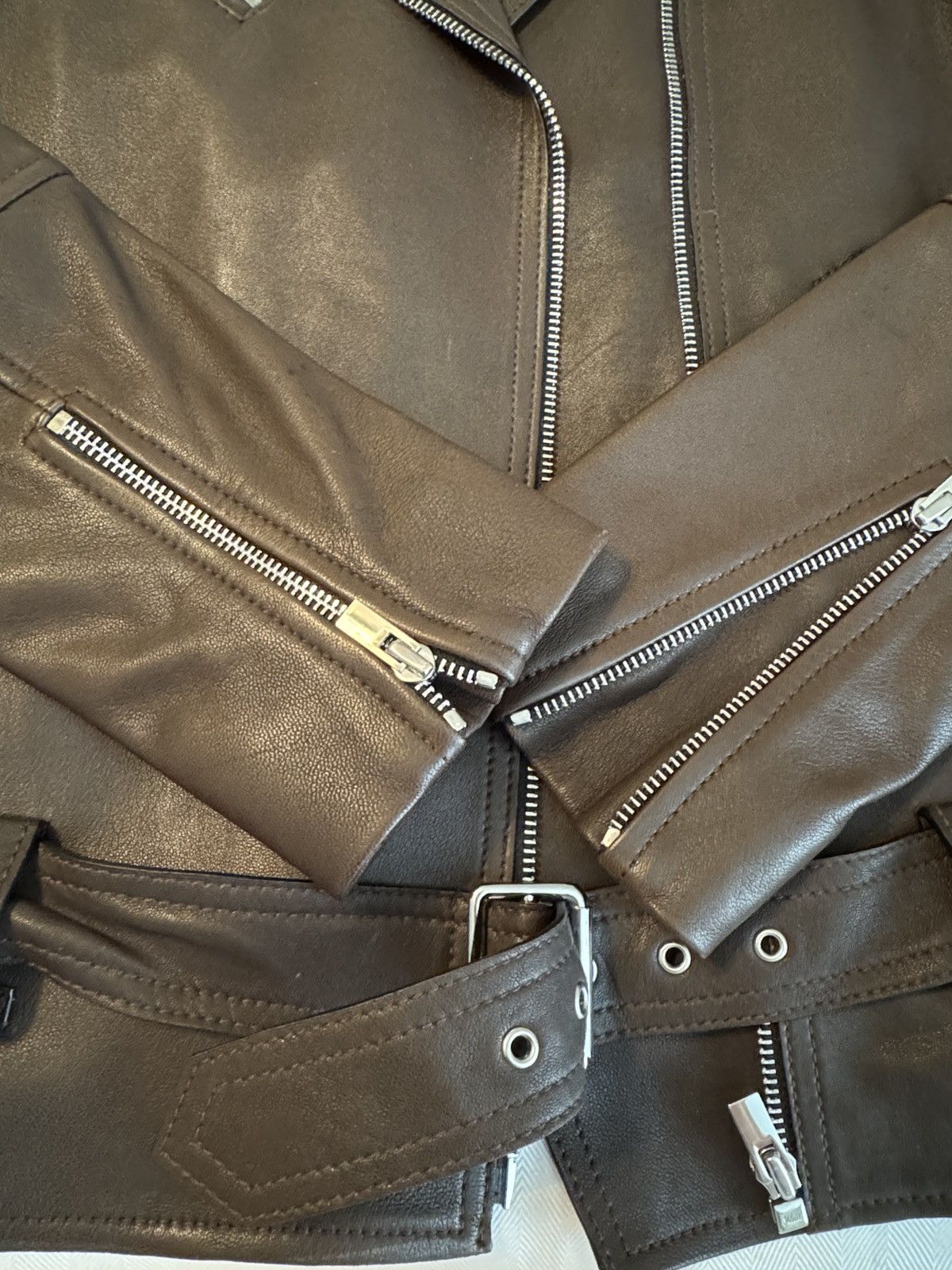Club Monaco Club Monaco Brown Leather Moto Jacket with Belt Size S / US 4 / IT 40 - 4 Thumbnail