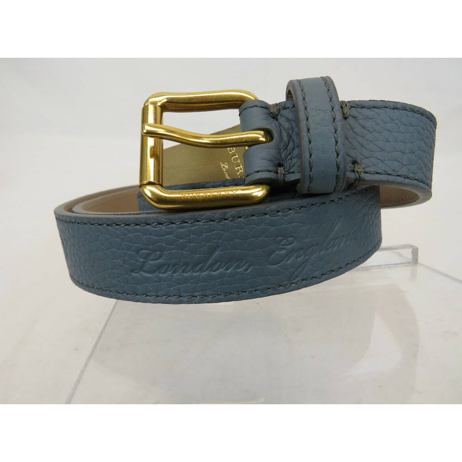 THOMAS 25 DUSTY BLUE LEATHER LOGO GOLD BUCKLE BELT 75 30