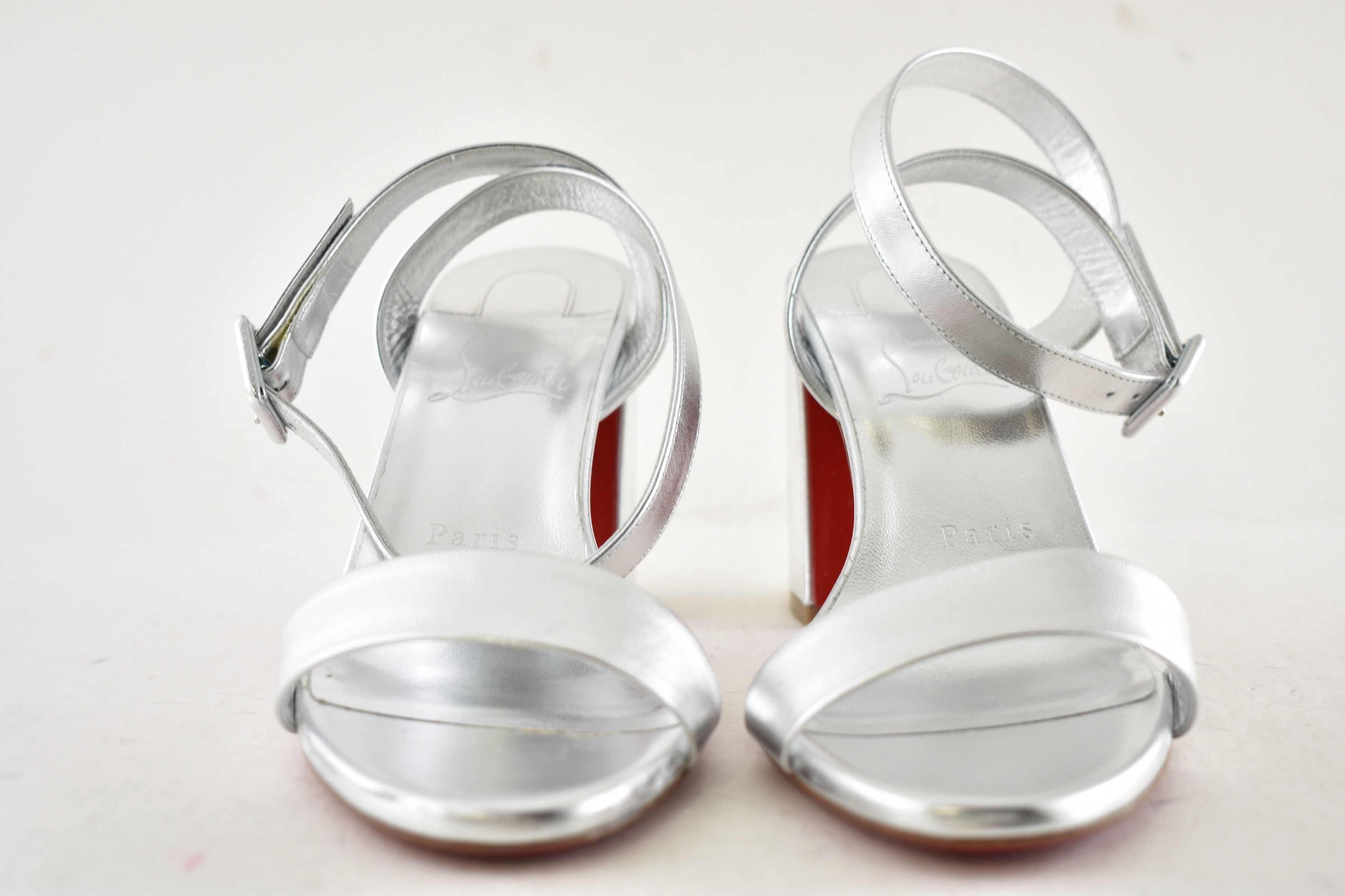 Christian Louboutin Miss Sabina 85 Silver Ankle Strap Block Heel Sandal 37 Size US 7 / IT 37 - 8 Thumbnail