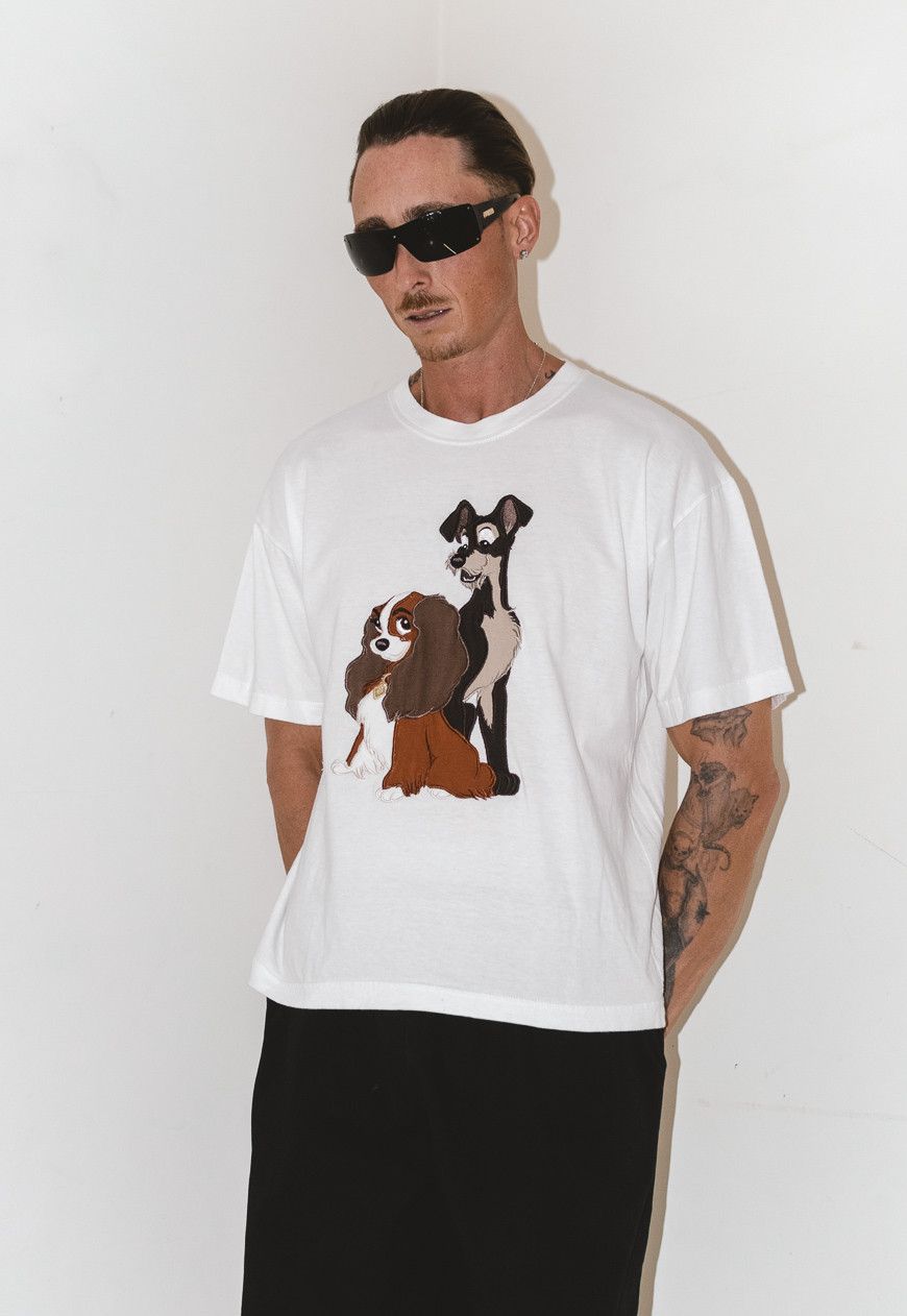 image of 90's Luxury Disney Embroidery Lady And The Trump Cartoon Tee in White/Brown, Men's (Size Large)