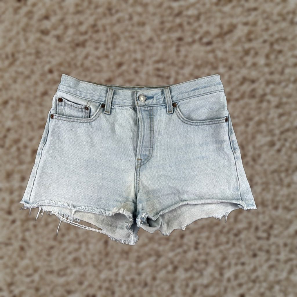 VINTAGE Levis Shorts Womens 28 Blue Denim Jean Cutoff Premium Big E Button Wedgie 25x2