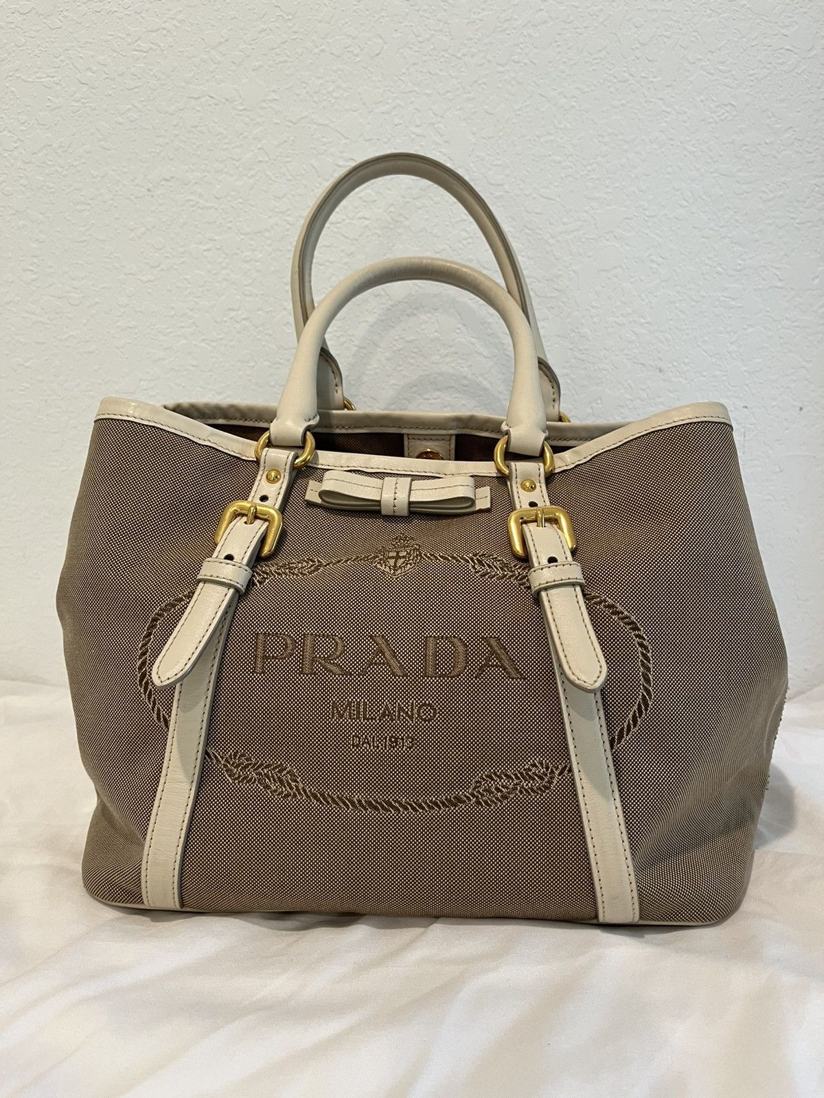 Prada PRADA Tote Bag Logo Jacquard Ribbon Canvas Leather Size ONE SIZE - 11 Thumbnail