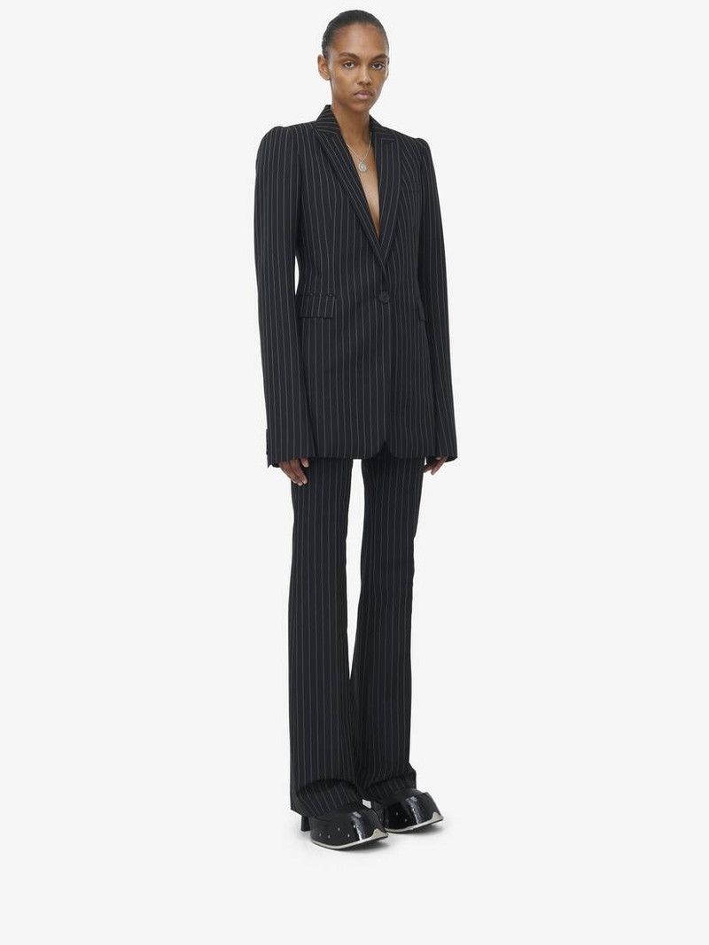 Alexander McQueen o1srvl11e0226 Pinstripe Stacked Shoulder Jacket Black/White Size S / US 4 / IT 40 - 4 Thumbnail