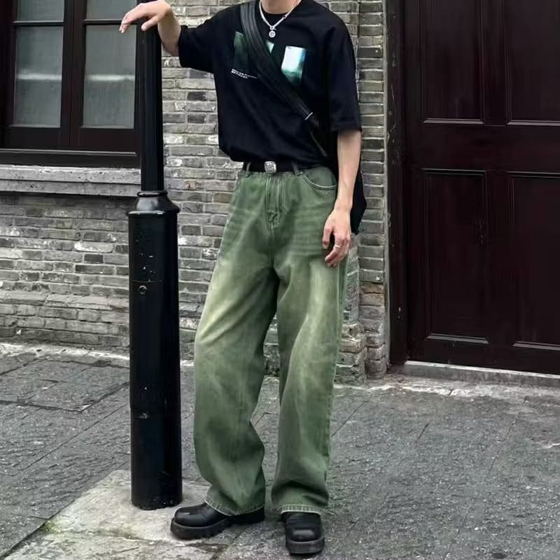 image of Vintage Washed Flared Fade Baggy Hiphop Jeans in Faded Green, Men's (Size 28)