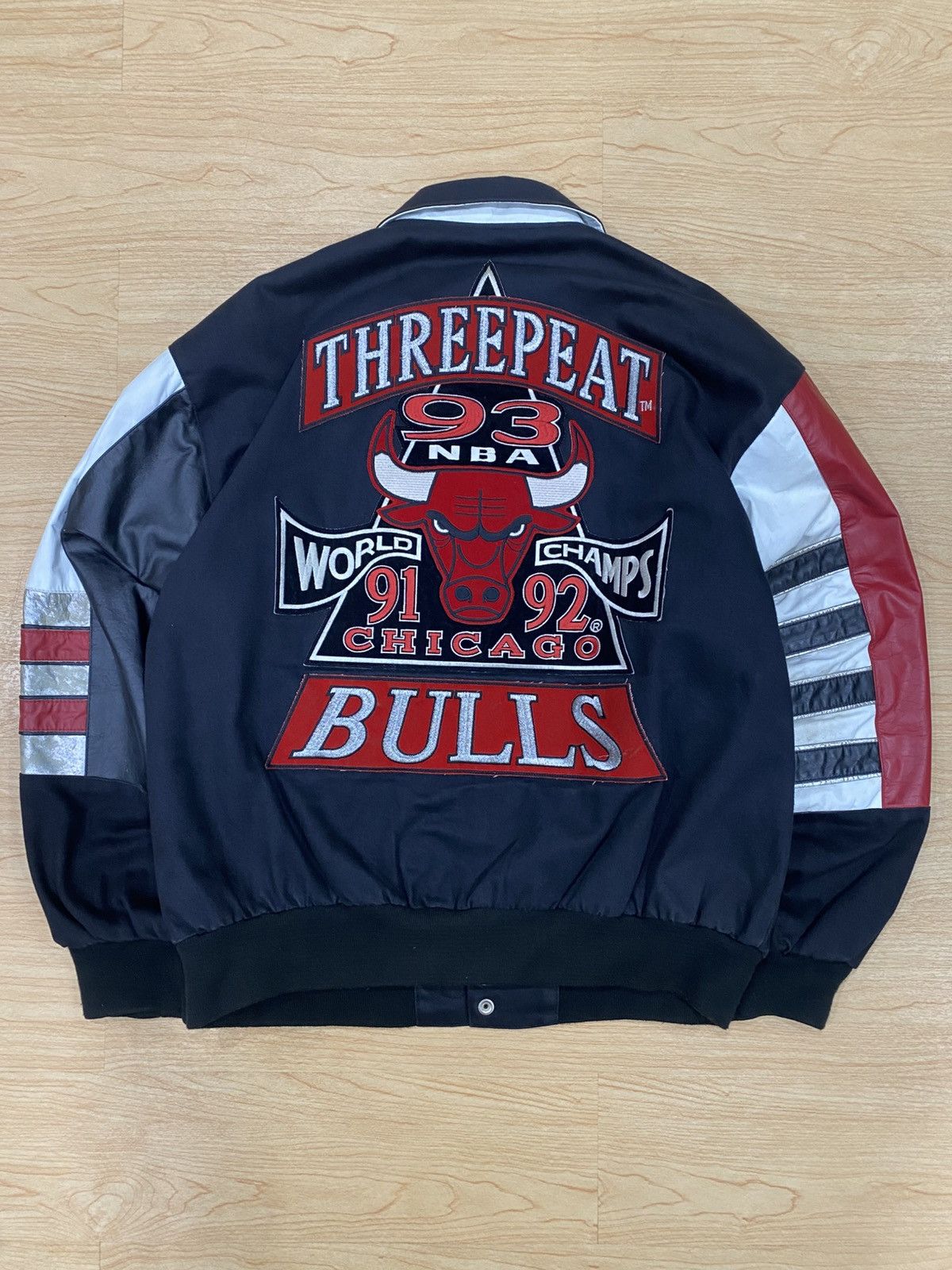 Jeff Hamilton Bulls 93’ Threepeat Jacket Chicago Bulls 3-Peat Championship Genuine Leather Jacket