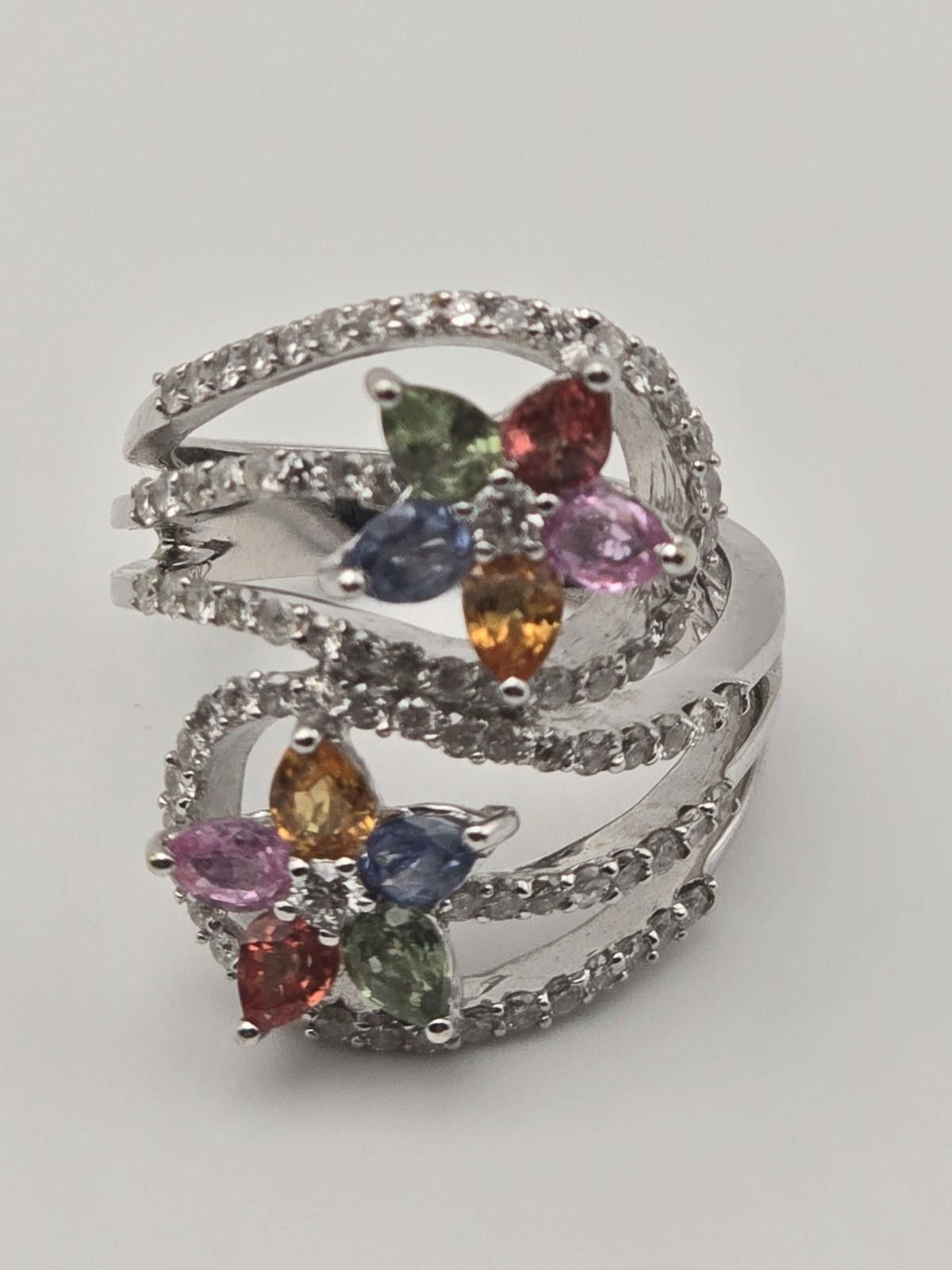 The Unbranded Brand 18k White Gold Floral Ring Rainbow Sapphire Diamond 1.8 ctw Size ONE SIZE - 1 Thumbnail