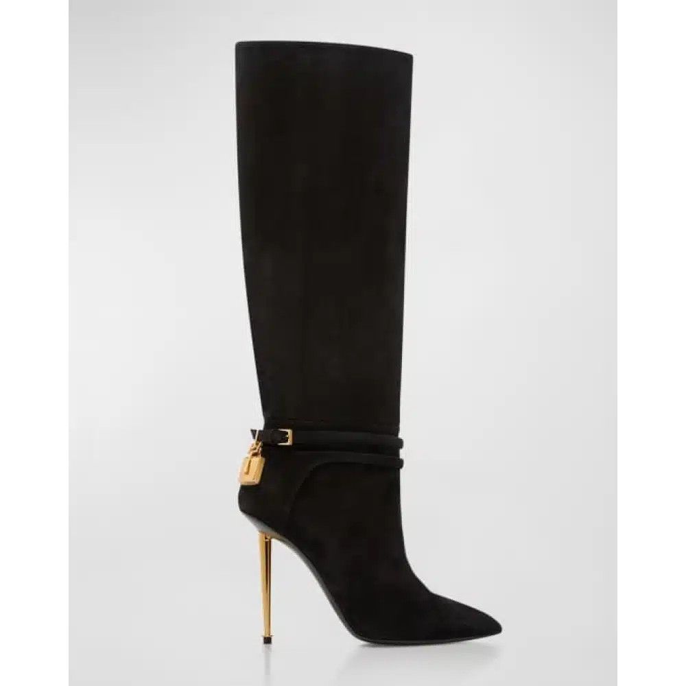 Tom Ford o1loc1c1124 W2529T Padlock Suede Knee Boots in Black Size US 12 / IT 42 - 1 Thumbnail