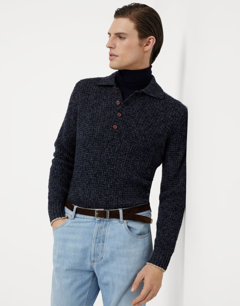 Brunello Cucinelli o1w1db10825 Polo-Collar Long-Sleeved Jumper on Blue Size US XL / EU 56 / 4 - 3 Thumbnail