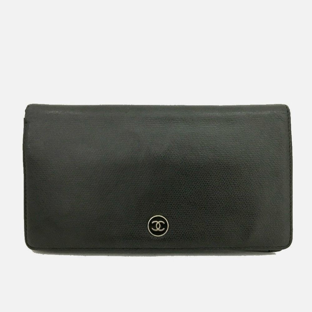 CHANEL Coco Button Leather Long Bifold Wallet Black 100% Au