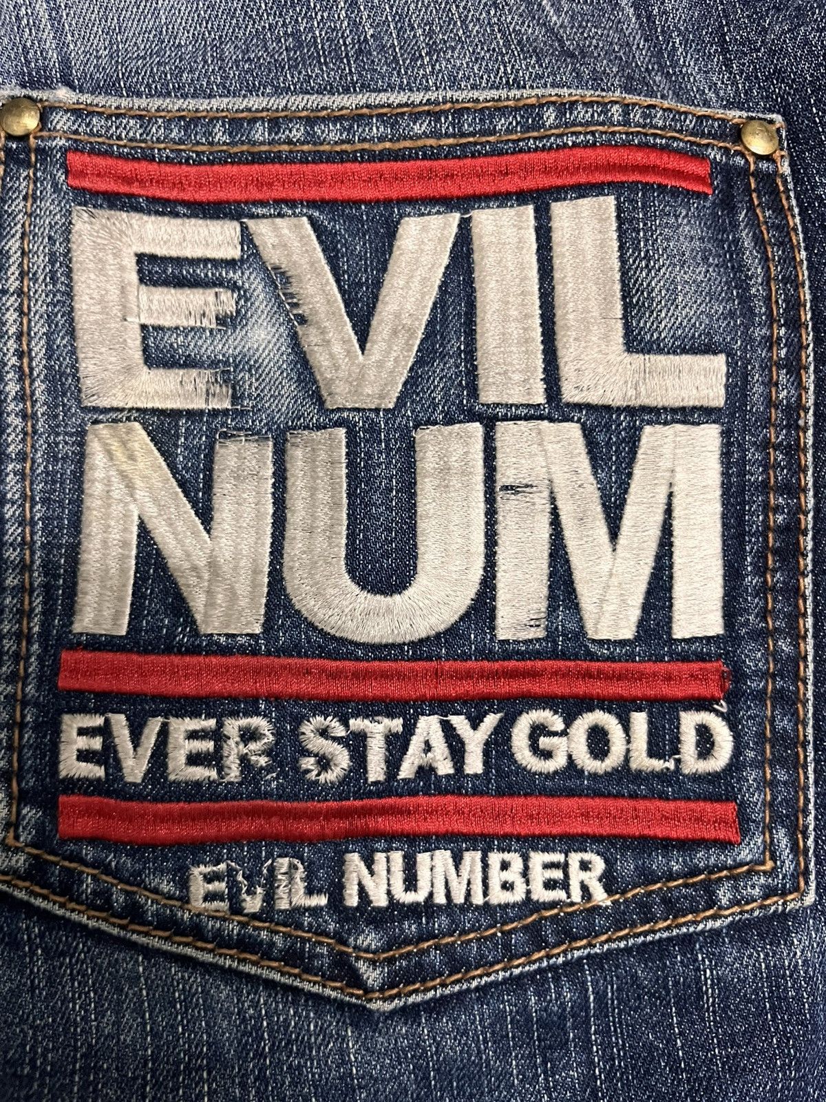 Japanese Brand Evil Number Japan union made distressed big e type fabric Size US 33 - 15 Thumbnail