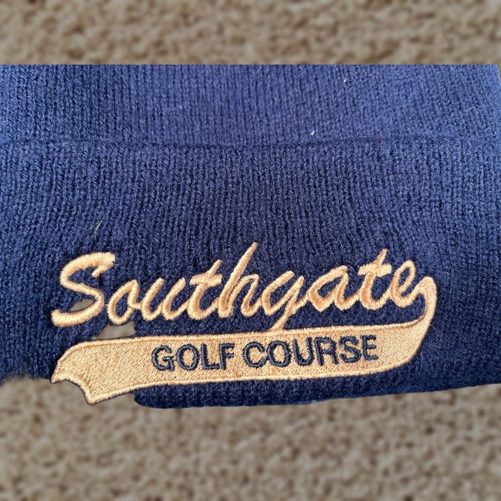 Vintage Town Talk Beanie Hat Adult One Size Blue Knit 100% Acrylic Christmas Southgate Golf Course Style Ski Logo Mens Size ONE SIZE - 1 Thumbnail