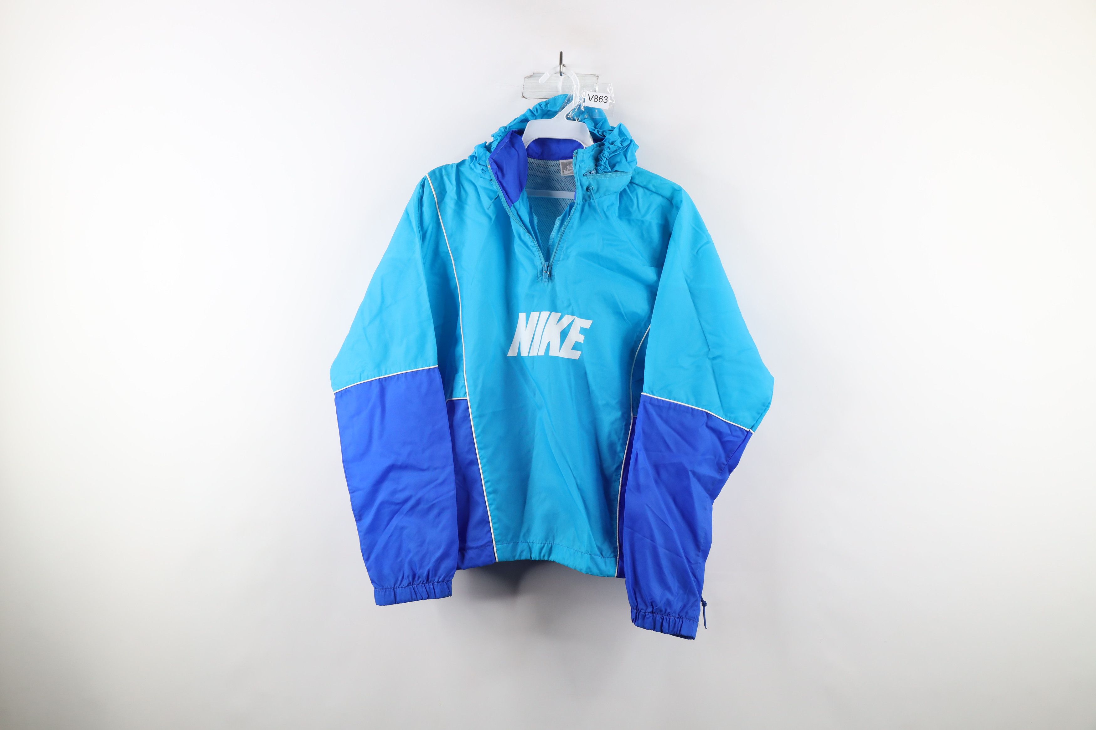 Vintage 90s Nike Block Letter Hooded Pullover Jacket Blue