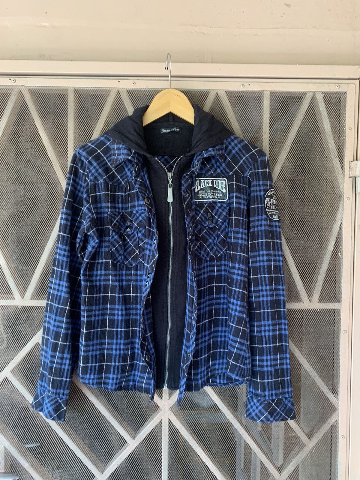 image of Hysteric Glamour Jessylogan-Japanese Plaid Hoodie Double Layer Ifsix Styled in Blue (Size Small)