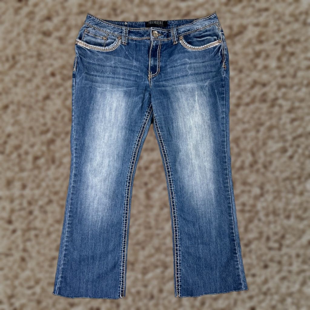 Denime Premiere Jeans Women 13 Blue Denim Embroidered Rhinestone Studded Raw Hem Slim Fit Inseam 26" Mid Rise Adult Women Size 34" / US 12 / IT 48 - 1 Thumbnail
