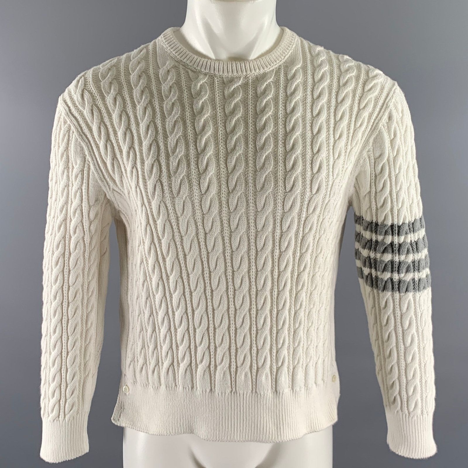 Thom Browne THOM BROWNE Size M White Grey Cotton Cable Knit Sweater Size US M / EU 48-50 / 2 - 1 Thumbnail