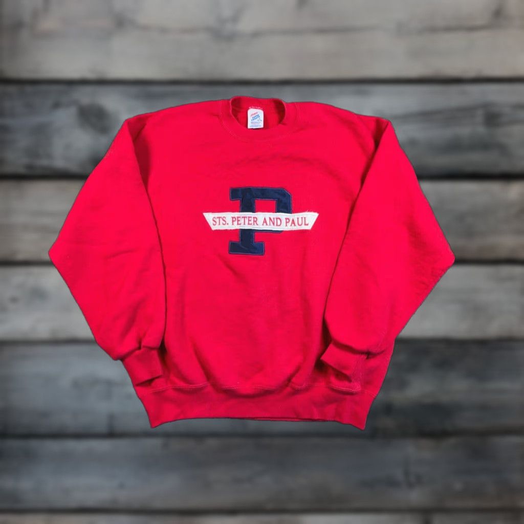 Jerzees VTG 90s Sts Peter and Paul Sweatshirt JERZEES Red Embroidered Adult XL 50-50 Cotton-Polyester Size US XL / EU 56 / 4 - 1 Thumbnail