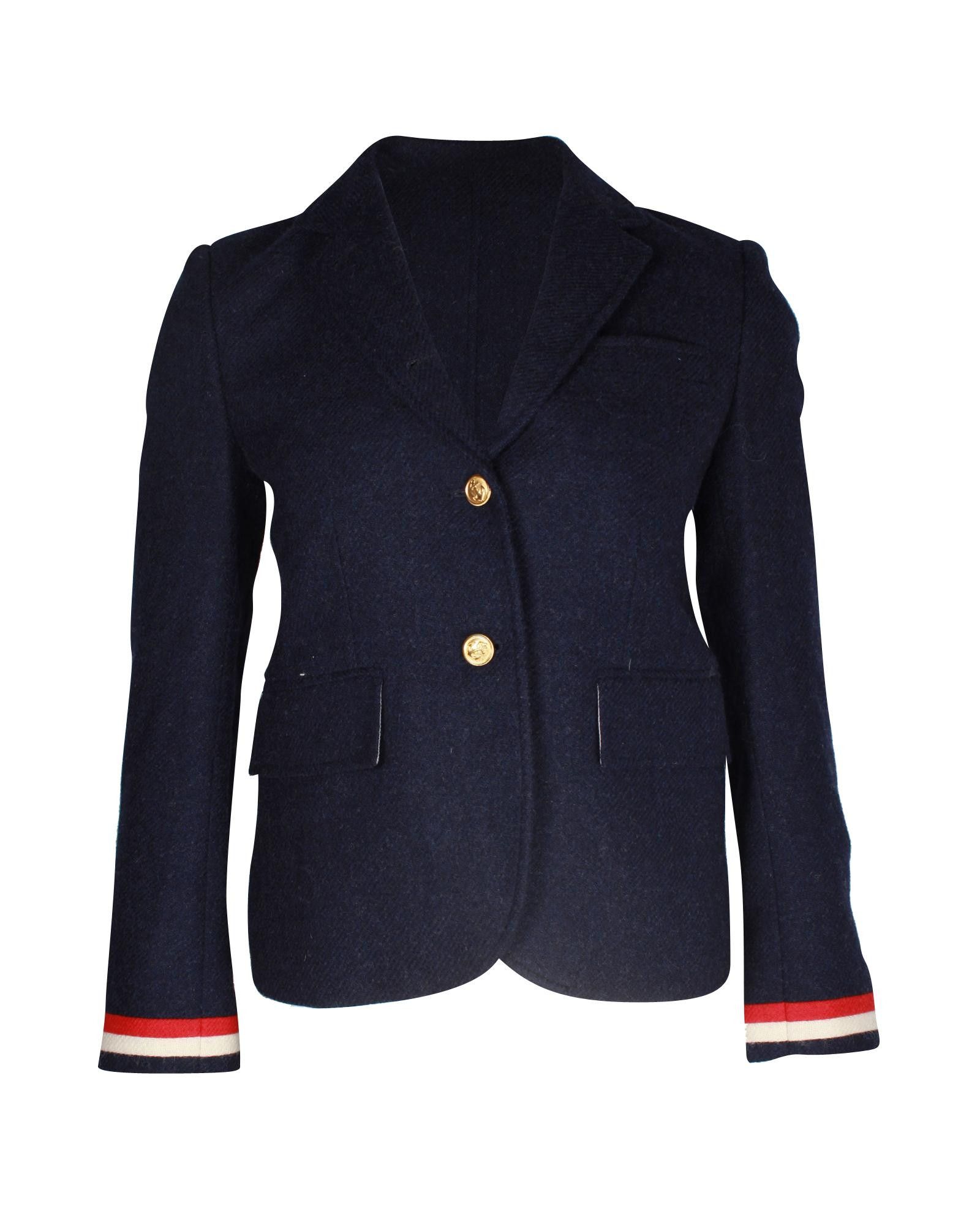 Image of Thom Browne Navy Blue Wool Single Breasted Blazer, Women's (Size Small)