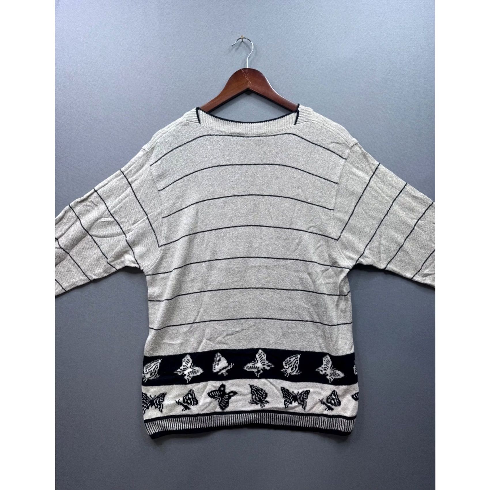 Alife VINTAGE Hauber Sporting Life Women's Gray Striped Butterfly Sweater Top Size L / US 10 / IT 46 - 7 Thumbnail