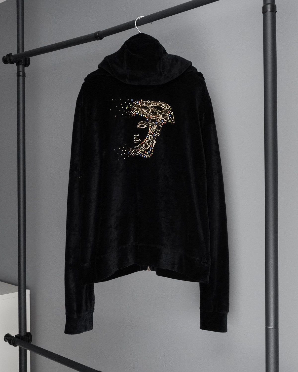 image of Vintage Versace Crystal Medusa Logo Velour Black Zip Hoodie, Women's (Size XL)