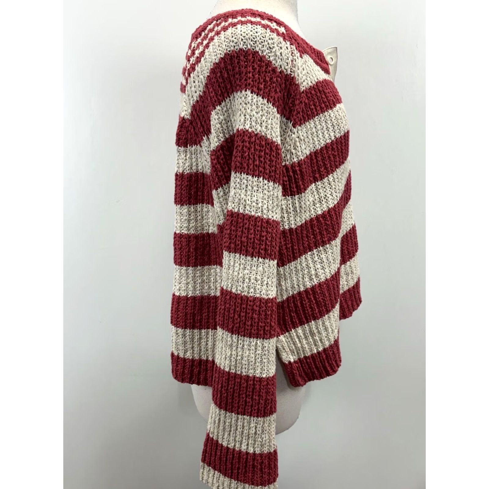 Vintage Pilcro Anthropologie Bell Sleeve Henley Sweater Women’s XL Striped Coastal Pink Cream Coastal Nautical Slouchy Crew Mens Women Girls Size XL / US 12-14 / IT 48-50 - 4 Thumbnail