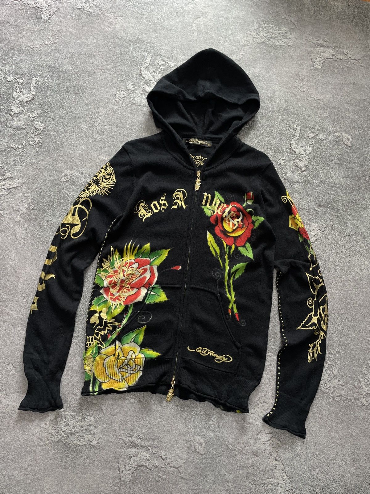 VTG Ed Hardy Black Roses And Tiger Tattoo Logo Zip Hoodie