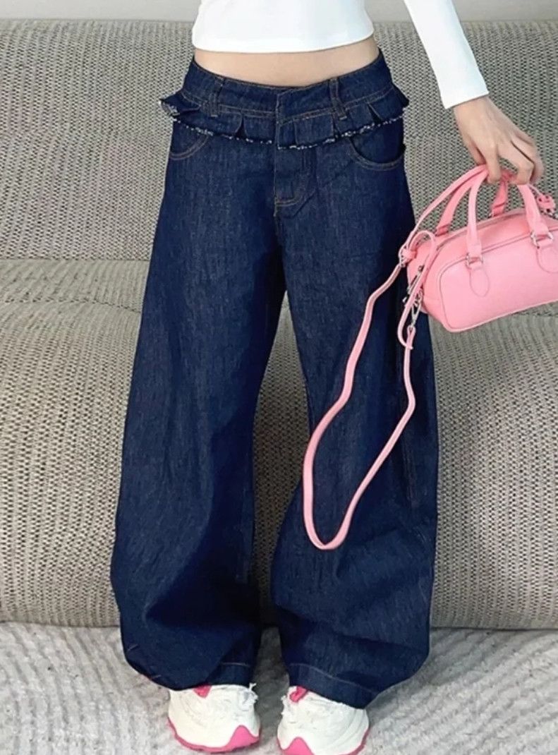 Japanese Brand × Vintage High Waisted Double Laces Waist Baggy Jeans Y2K Size 33" - 4 Thumbnail