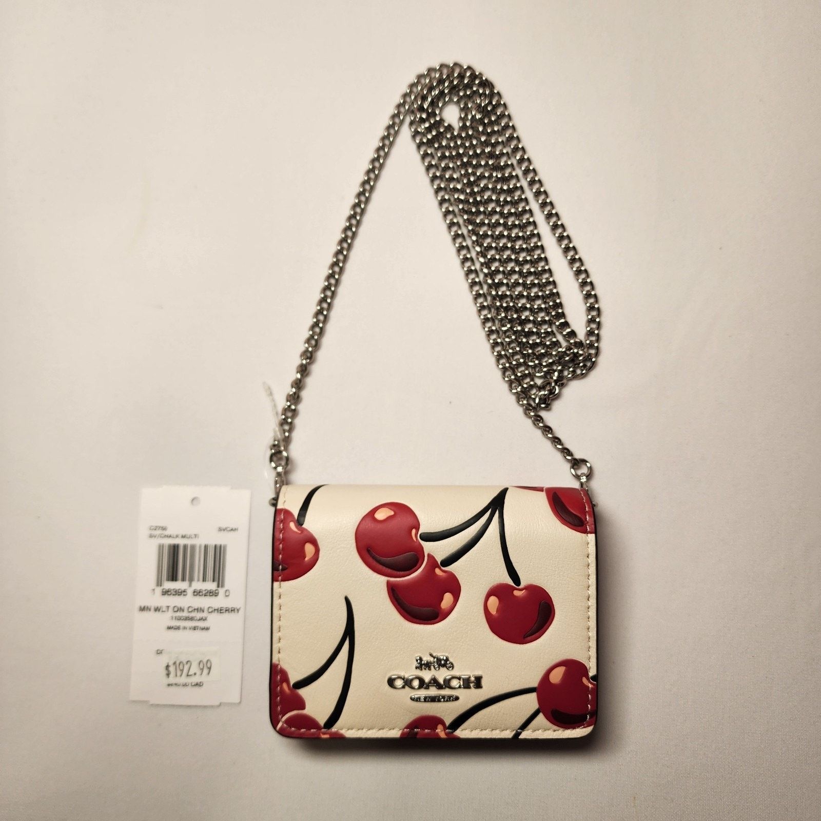 Coach Coach CZ759 Mini Wallet On Chain Chalk Leather Cherry Print Size ONE SIZE - 1 Thumbnail