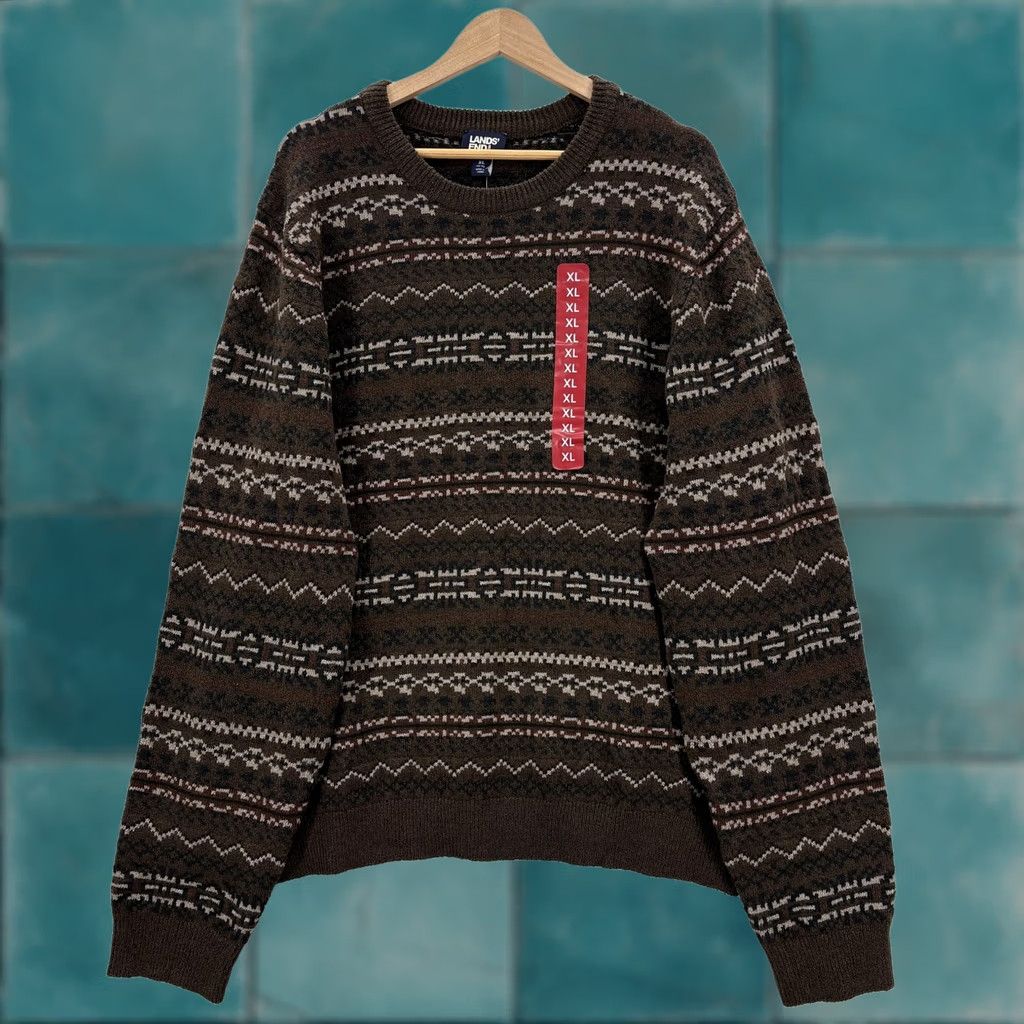 Lands' End Lands' End Sweater Mens XL Brown Fair Isle Crewneck Knit Stretch Pullover NWT Size US XL / EU 56 / 4 - 1 Thumbnail