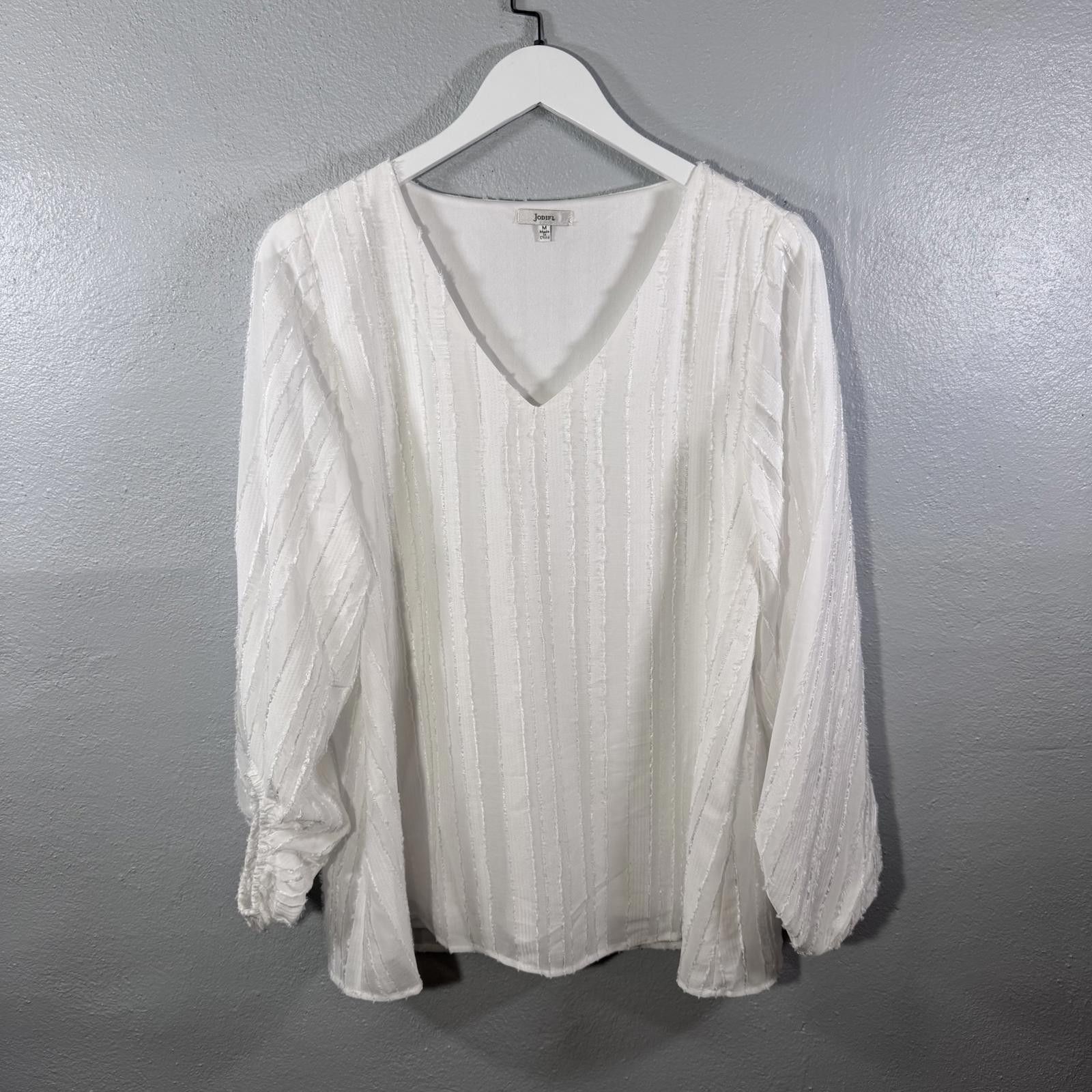 Designer Jodifl Women's M V Neck 3/4 Sleeve Textured Ivory Blouse Size M / US 6-8 / IT 42-44 - 3 Thumbnail
