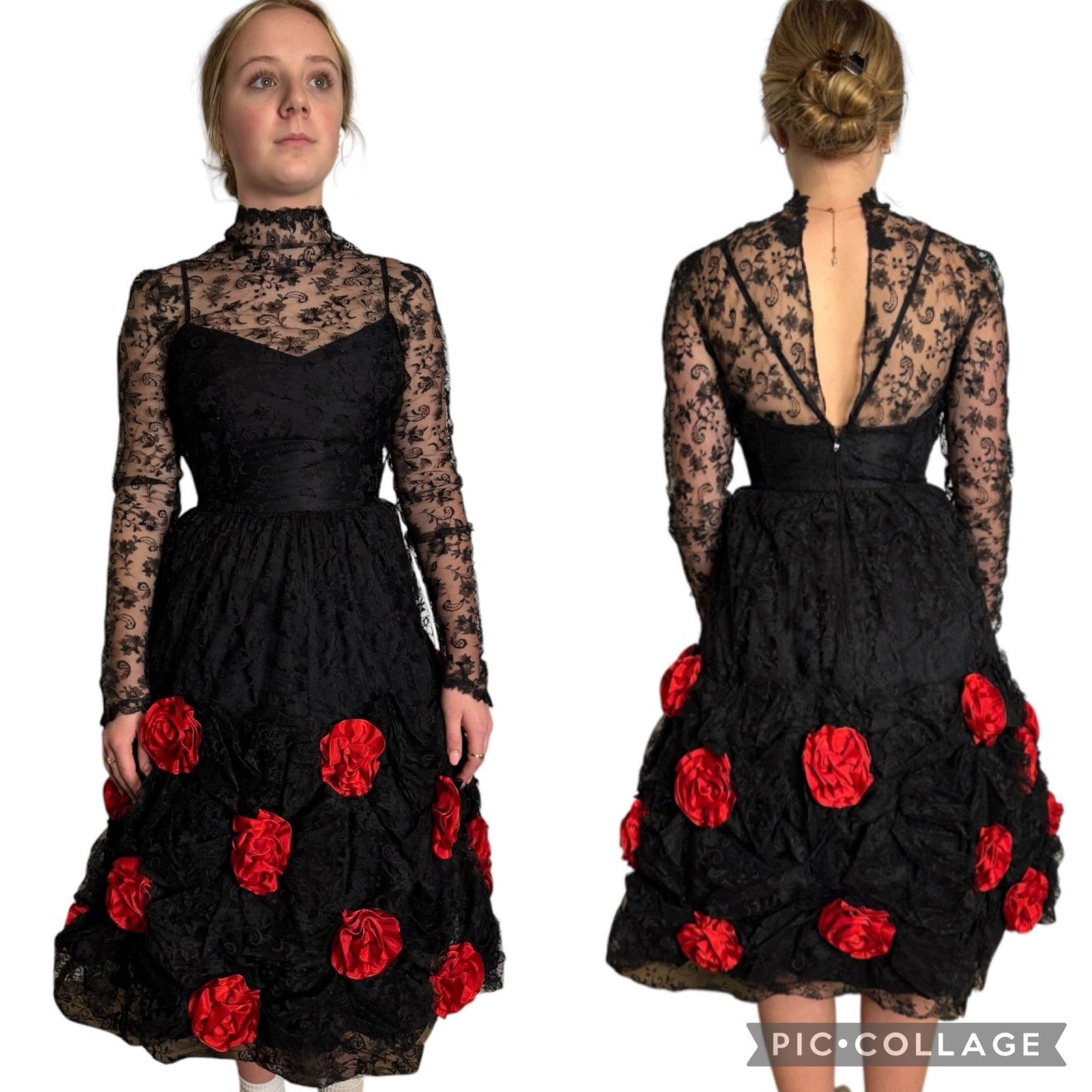 Vintage Vtg An original by DUSAUZAY black Lace Red Roses dress Size XS / US 0-2 / IT 36-38 - 1 Thumbnail