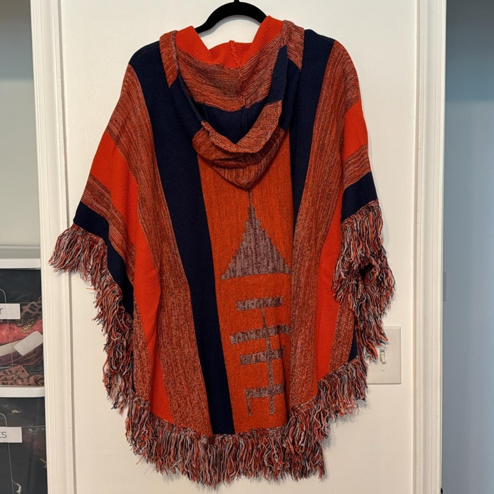 Other Vintage Havana Orange and Navy Fringe Poncho Sweater Size M / US 6-8 / IT 42-44 - 4 Thumbnail