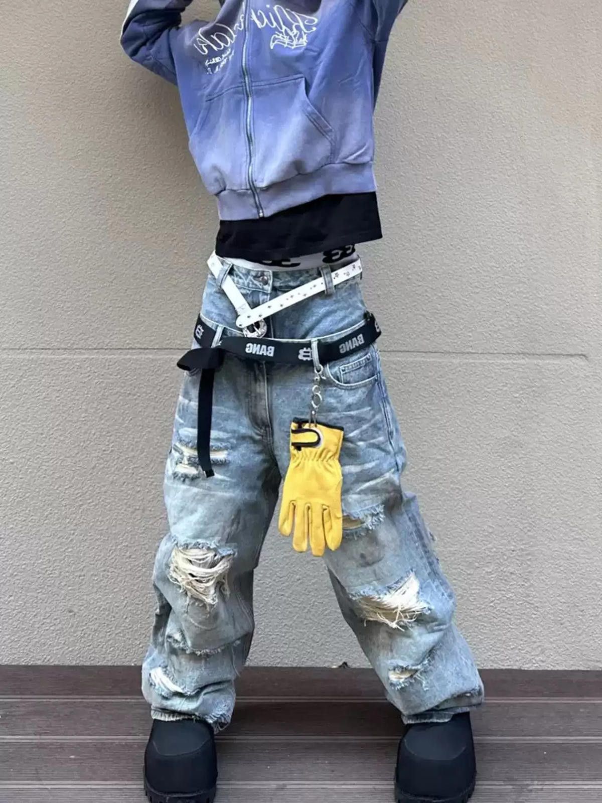 Jean Double-Waistband Ripped Floor-Length Wide-Leg Denim Jeans Size US 30 / EU 46 - 2 Thumbnail
