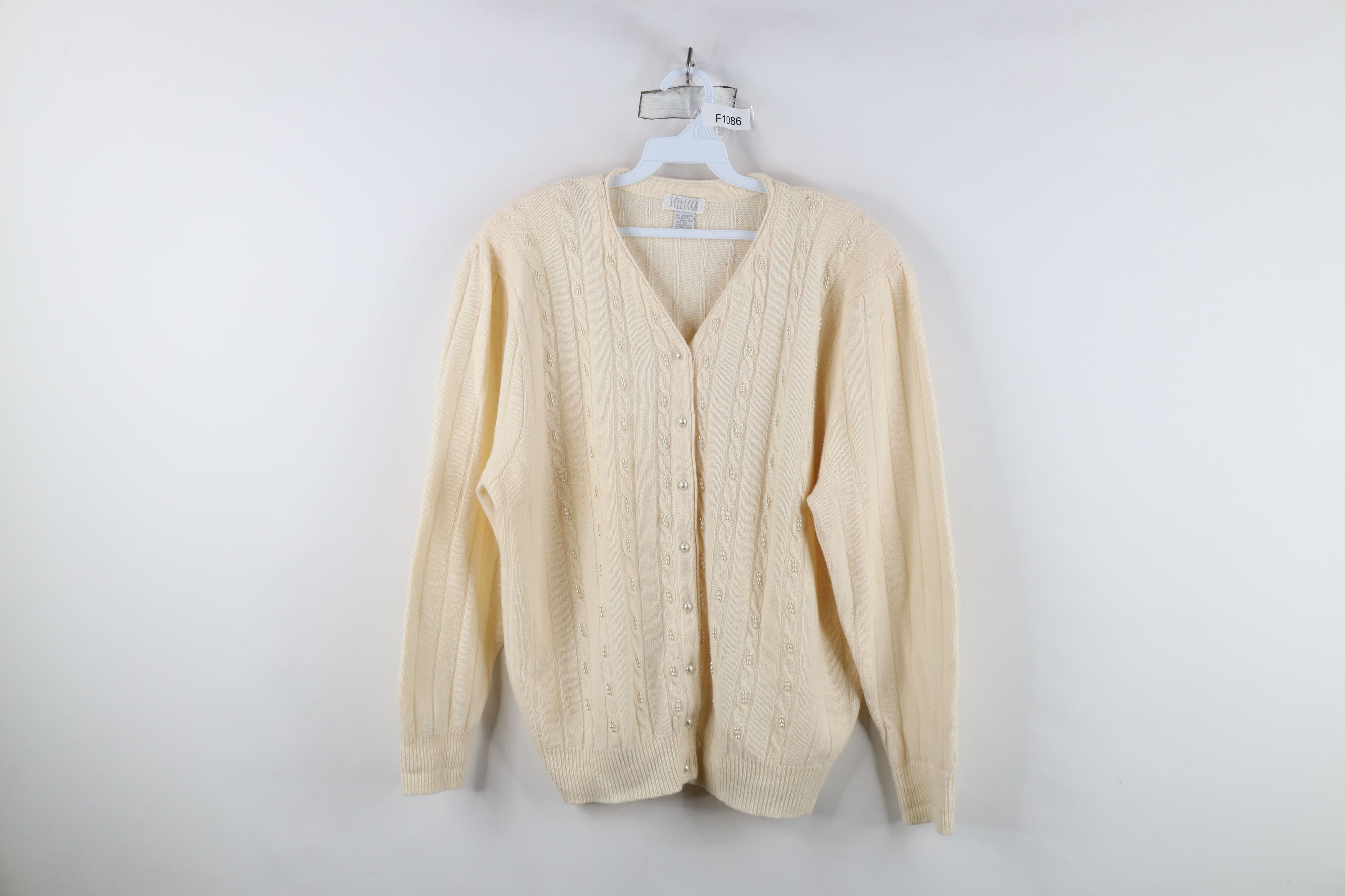 Vintage Vintage 90s Lambswool Angora Knit Cardigan Sweater Cream Size L / US 10 / IT 46 - 1 Thumbnail