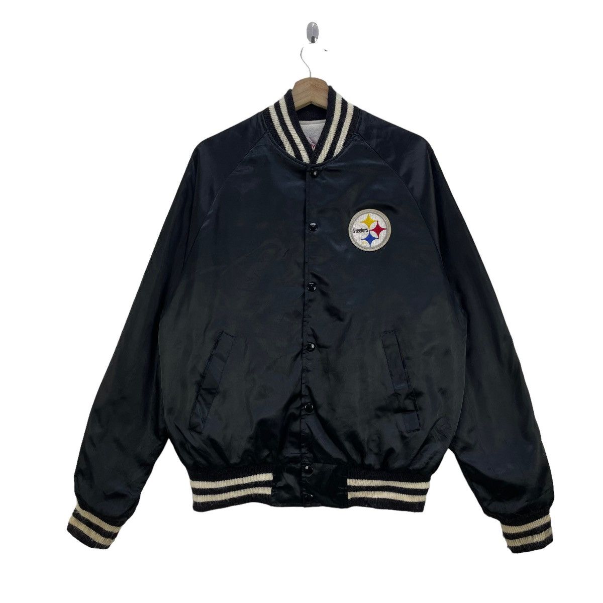 image of Bomber Jacket x Made In USA Vintage Steelers Bomber Light Jacket in Black, Men's (Size Medium)
