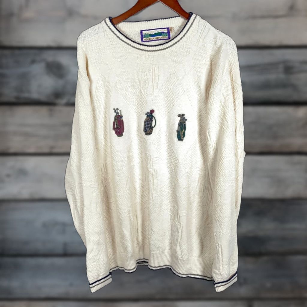 Vintage Vintage Shenandoah Men’s Heavyweight Ivory Cotton Golf Sweater XL Tall 90s Embroidered Knit Pullover Size US XL / EU 56 / 4 - 1 Thumbnail