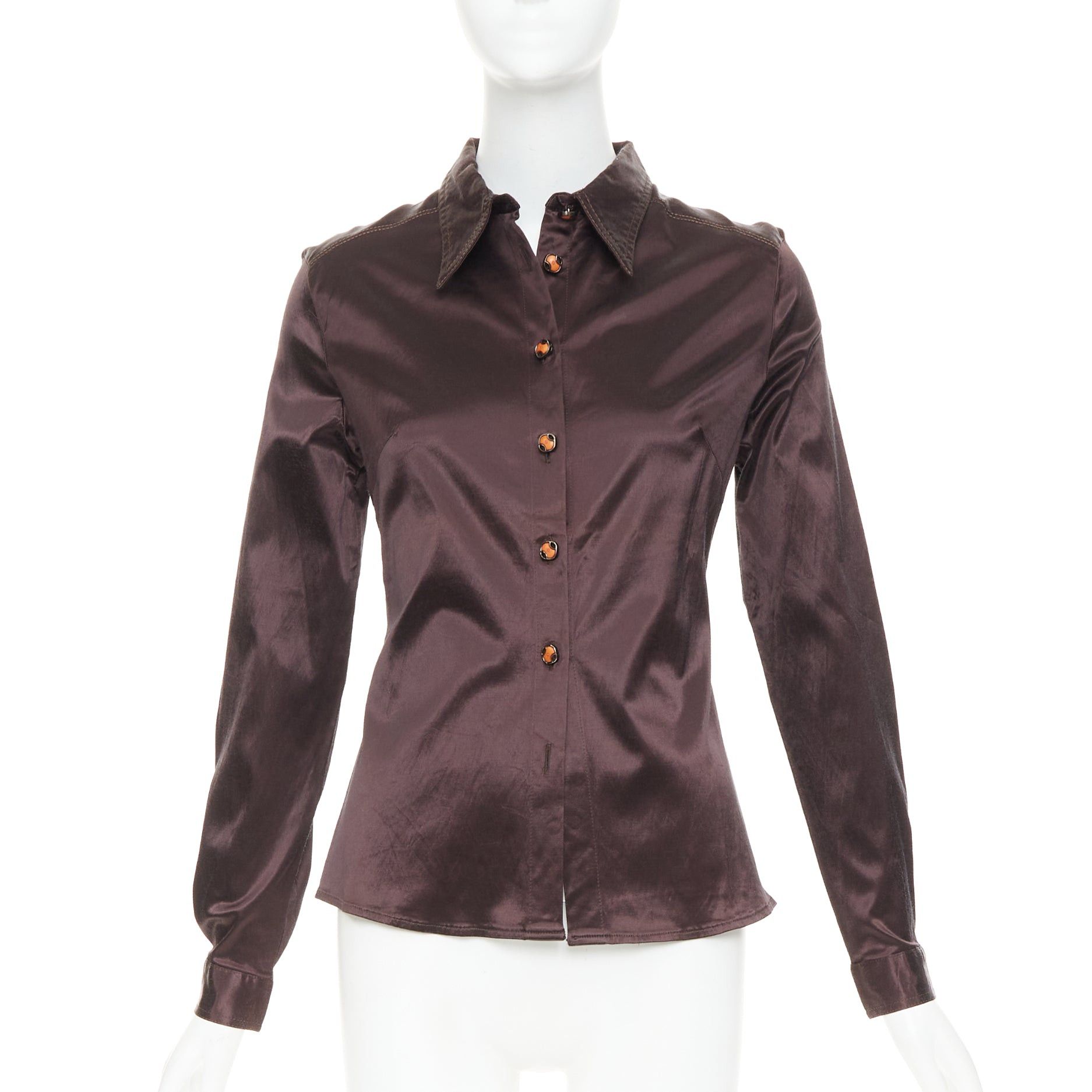 Fendi FENDI JEANS Vintage chocolate brown satin FF logo buttons fitted dress shirt Size XS / US 0-2 / IT 36-38 - 1 Thumbnail
