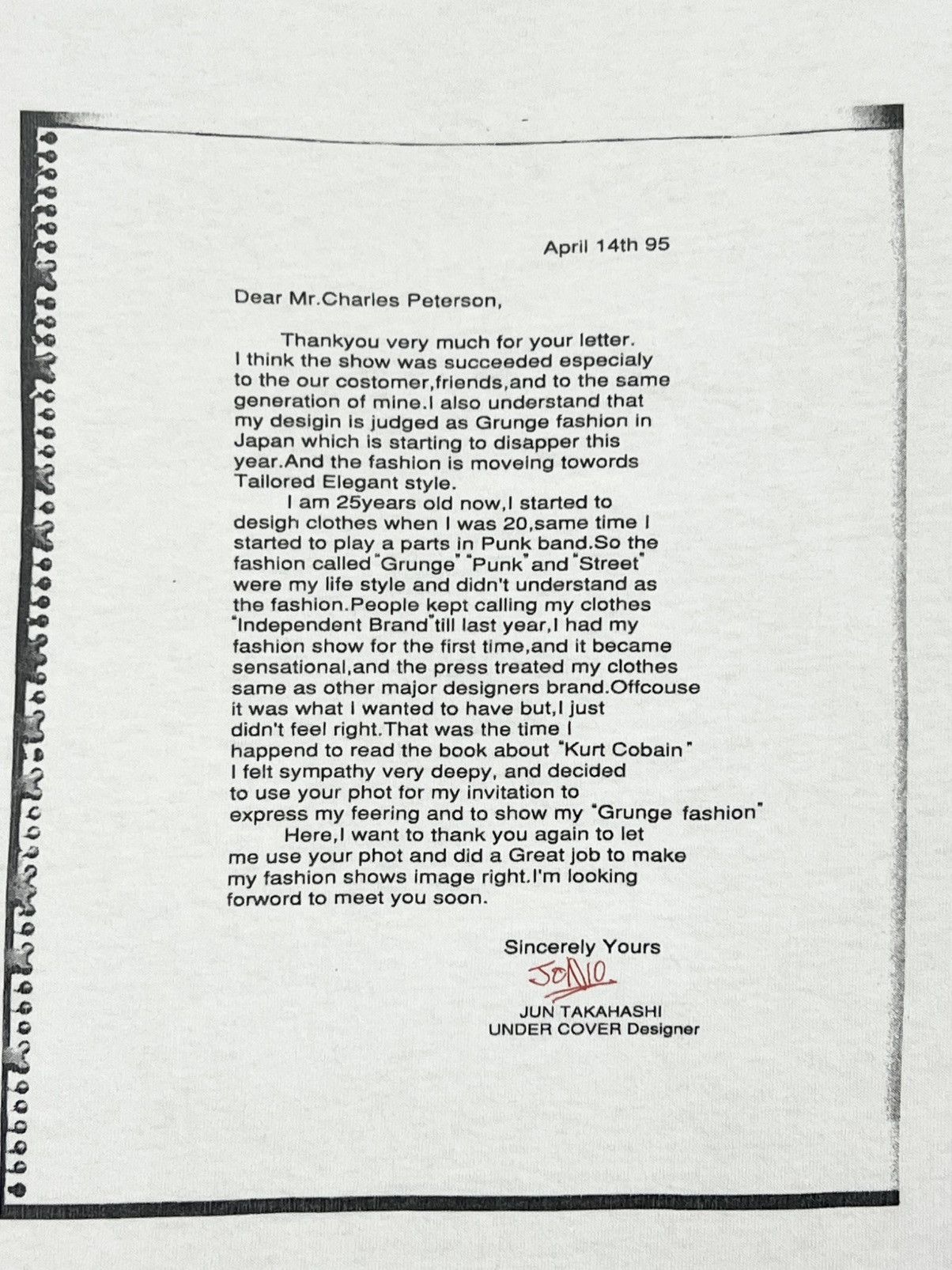 Undercover Vintage Undercover Letter to Charles Peterson T-Shirt Size US L / EU 52-54 / 3 - 3 Thumbnail