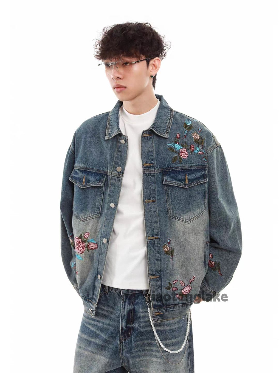 Unisex utility washed faded loose skate pattern jacket