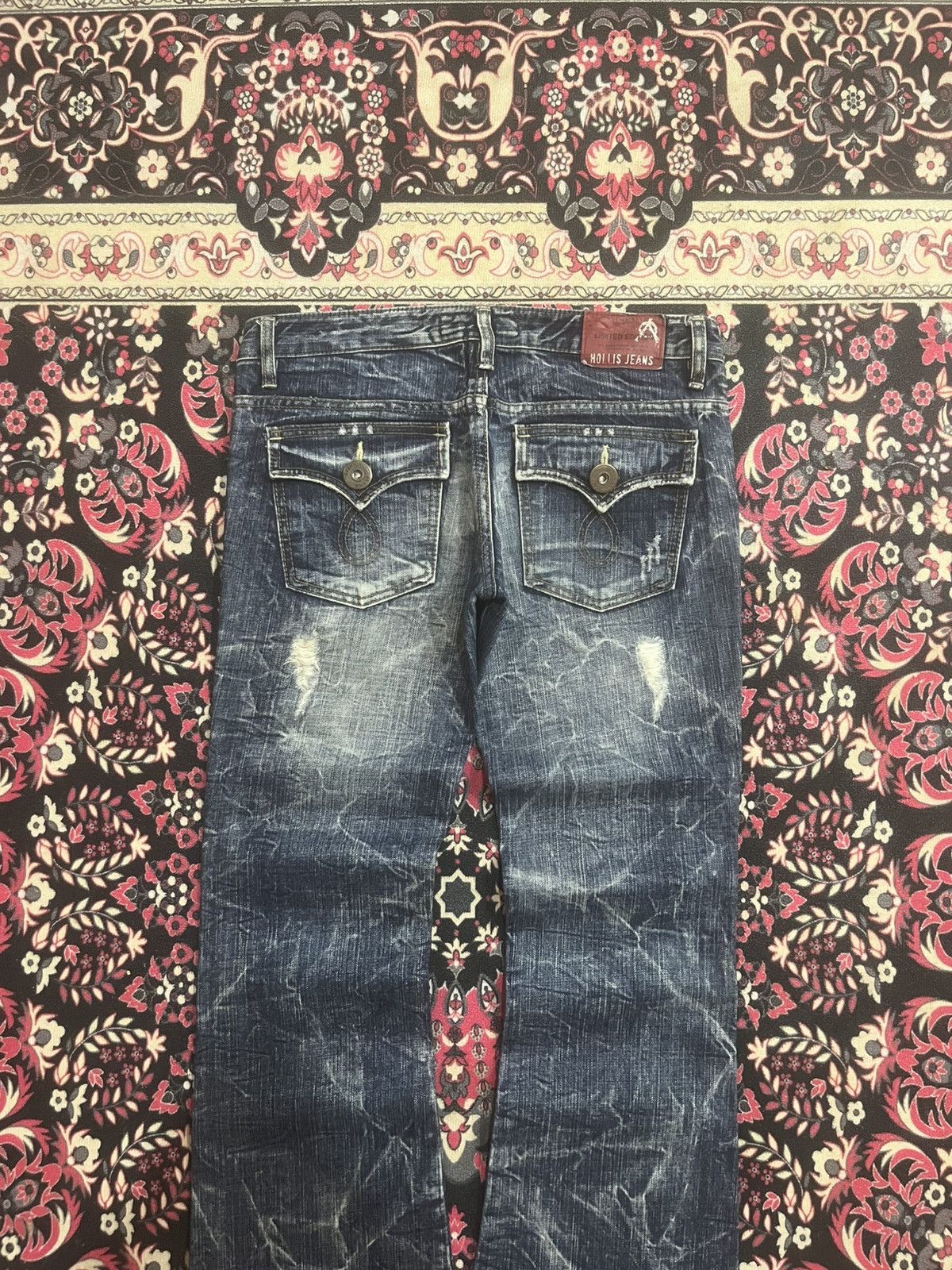 If Six Was Nine Japanese Brand Hollis Blue Cracked Washed Ripped Flare Jeans Size 28" / US 6 / IT 42 - 5 Thumbnail