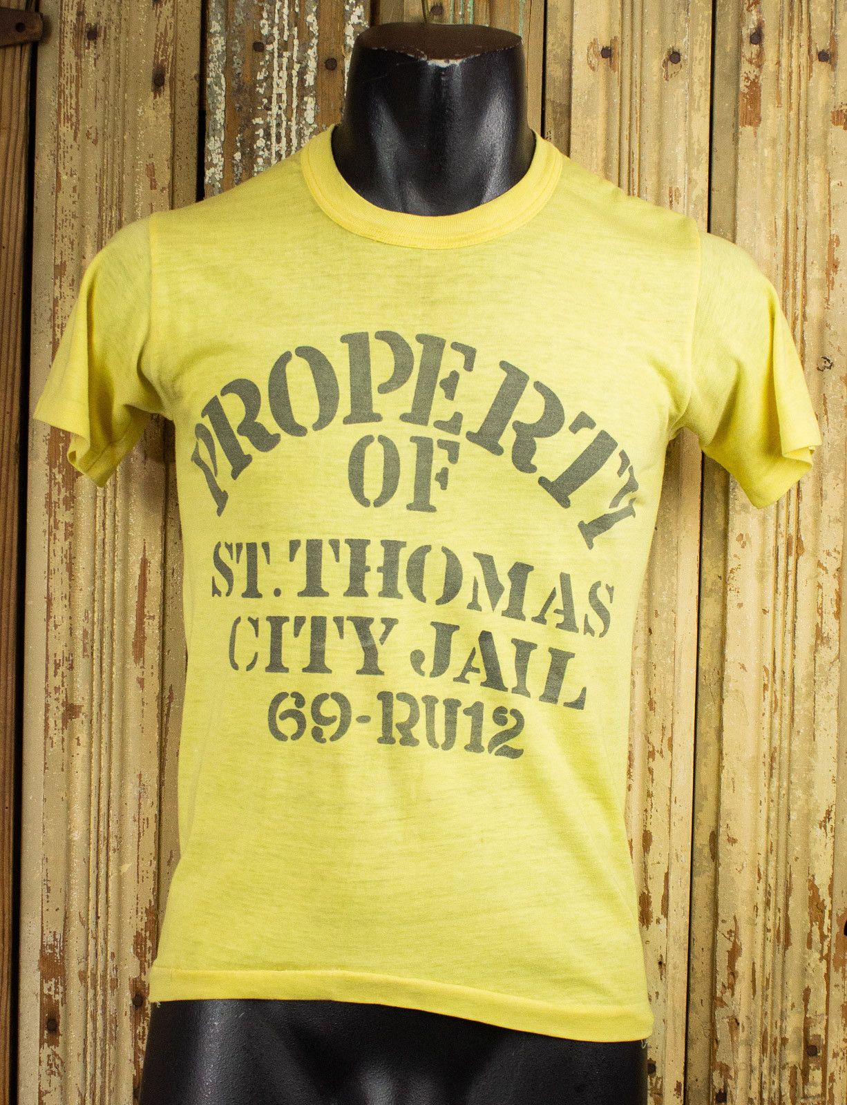 Image of Vintage Property Of St. Thomas City Jail Graphic T Shirt 70's in Yellow, Men's (Size Small)