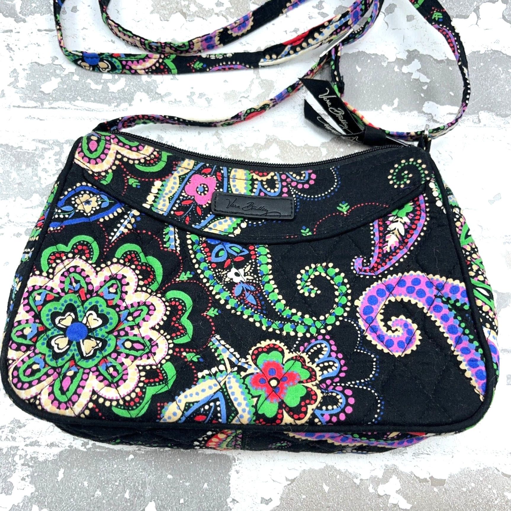 Vintage Vera Bradley Crossbody Bag Small Live Paisley Black Purple Womens RFID Blocking Adjustable Strap Quilt Canvas Cotton Zip Matte Finish 90s Theme? Size ONE SIZE - 2 Thumbnail