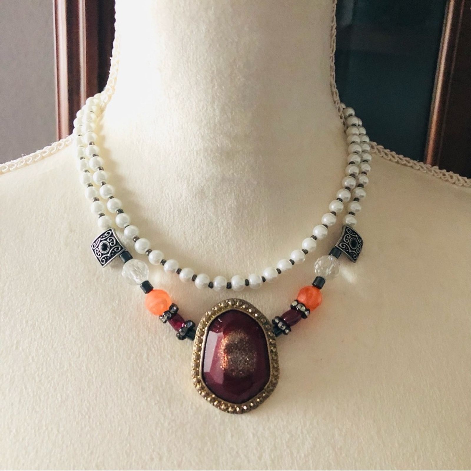 Handmade Handcrafted beaded Czech glass Pearl genuine ruby necklace Size ONE SIZE - 2 Thumbnail