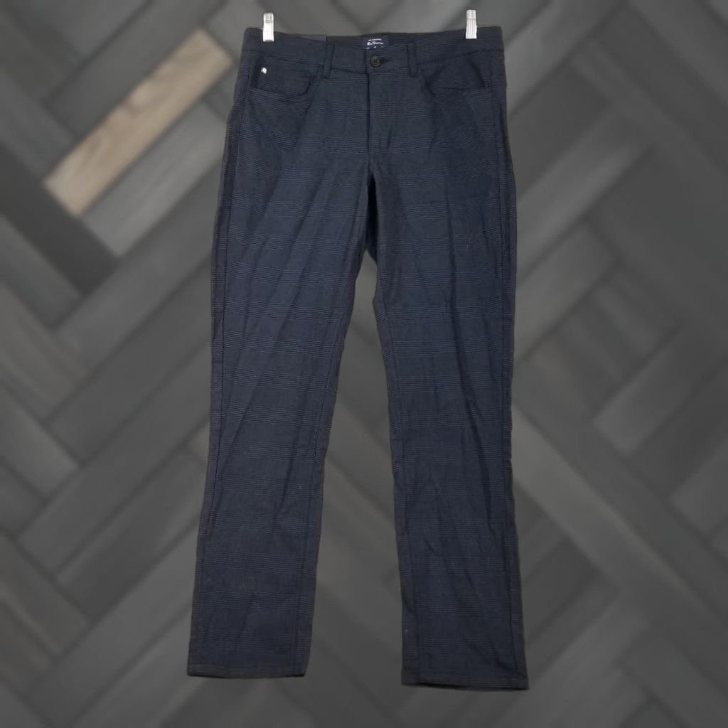 BEN SHERMAN Pants Mens 32x32 Navy Slim Fit Stretch Glen Plaid Chino