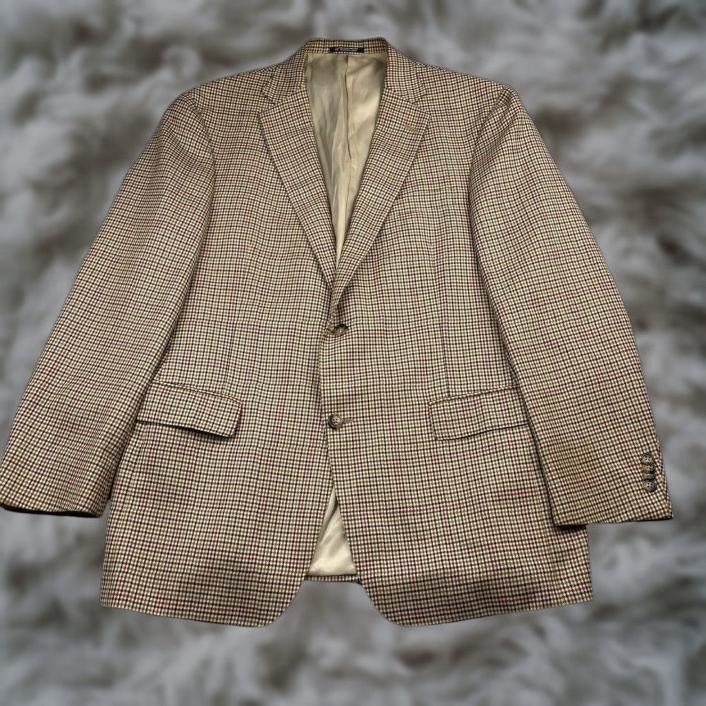 Hart Schaffner Marx Blazer Men Wool 2-Button Single-Breasted Plaid Beige Gold Navy Red USA 43 Regular Mens