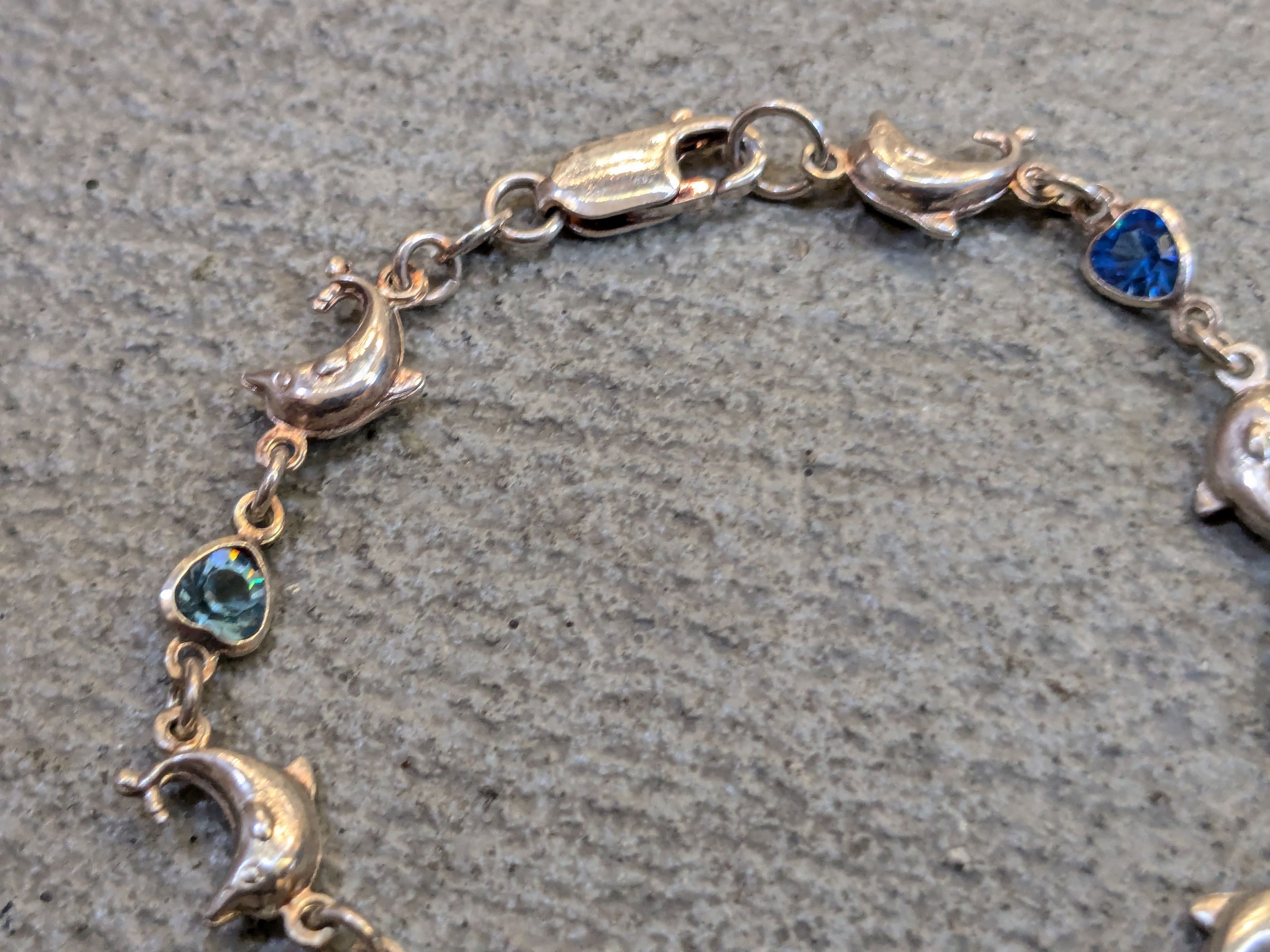 Jewelry Vintage Sterling Silver Bracelet 7.25" Heart Dolphin Rainbow Size ONE SIZE - 4 Thumbnail