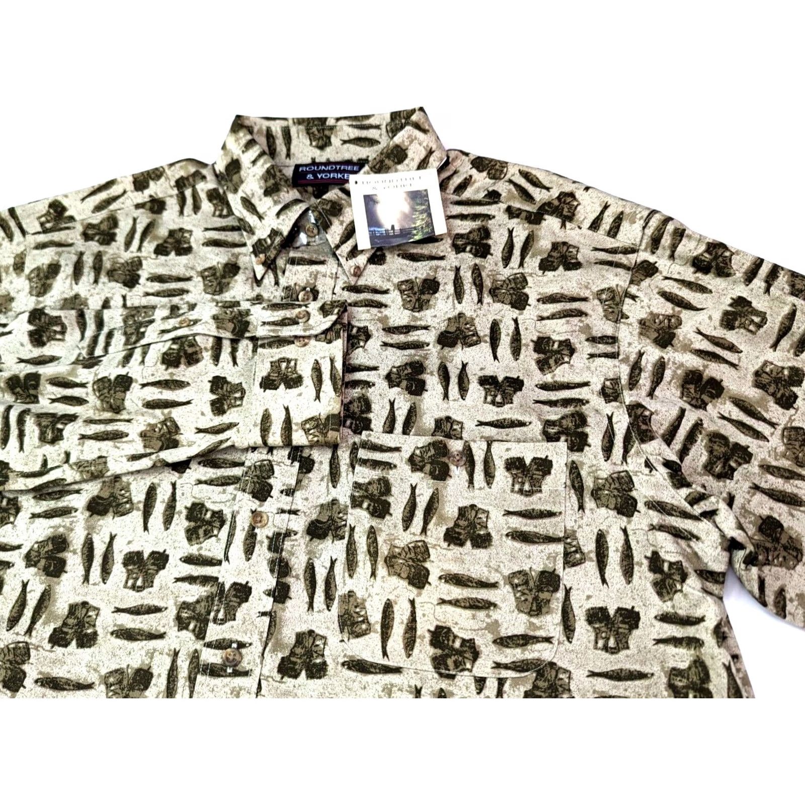 Roundtree & Yorke ROUNDtree & Yorke Fishing Themed All Over Print Shirt Men LG Beige Long Sleeve Size US L / EU 52-54 / 3 - 4 Thumbnail