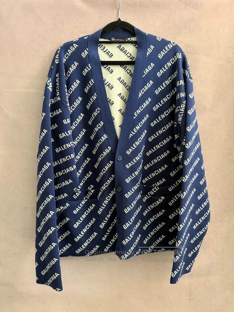 Balenciaga Balenciaga Navy Blue Letter Full Print Knit Cardigan Size US M / EU 48-50 / 2 - 1 Thumbnail